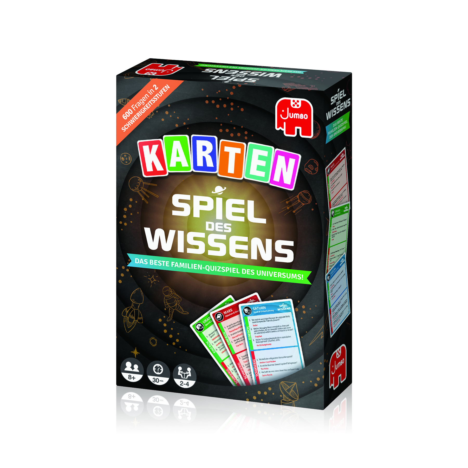 Schachtel eines Quizspiels. Enthält Titel 'Spiel des Wissens' und Jumbo-Logo. Enthält Spielkarten mit Quizfragen.