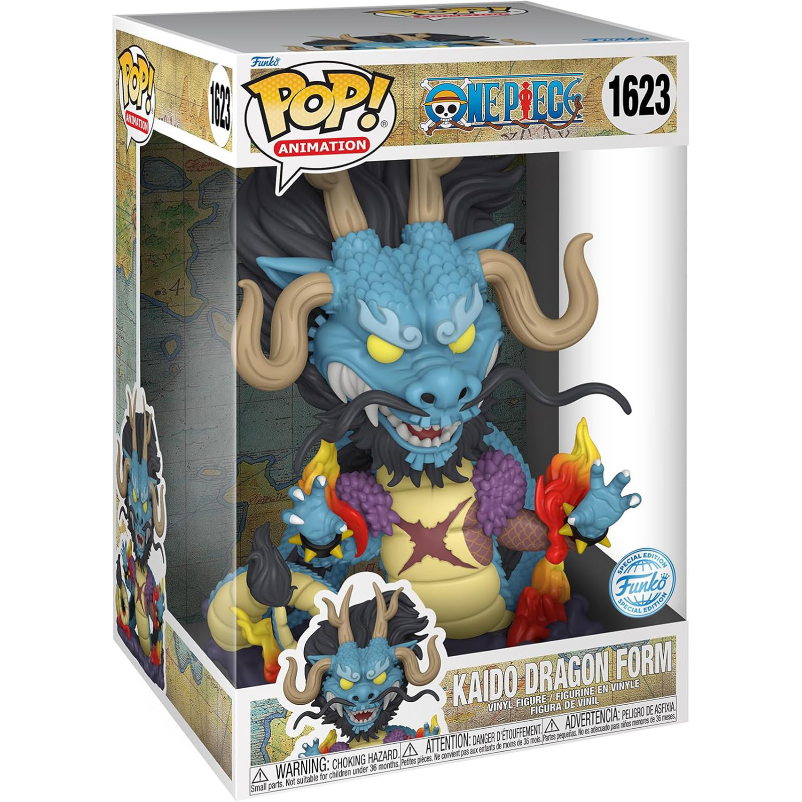 Funko Pop Kaido w formie smoka. Figurka jest niebieska z brązowymi rogami i żółtą klatką piersiową. Pudełko ma tło mapy.