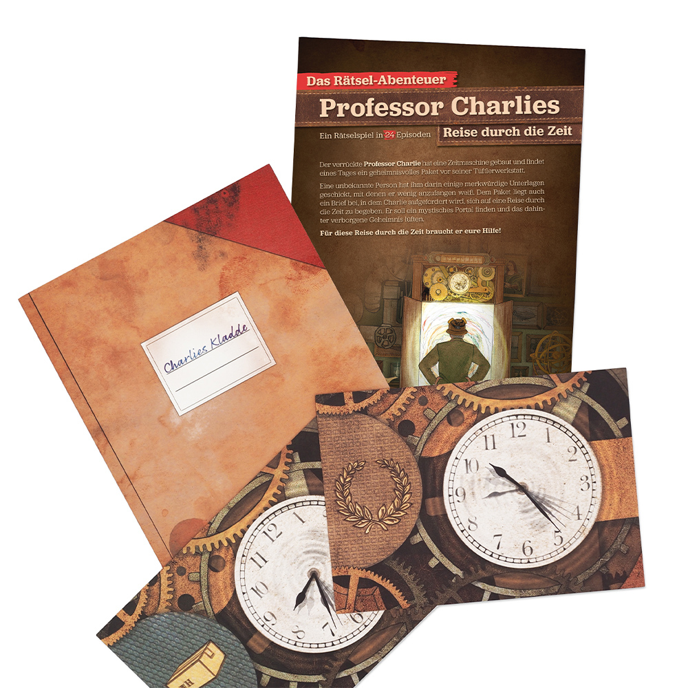 Ein Buch mit Text 'Charlies Kladde', Zifferblätter und ein Poster 'Professor Charlies' mit Zeitreise-Thema.