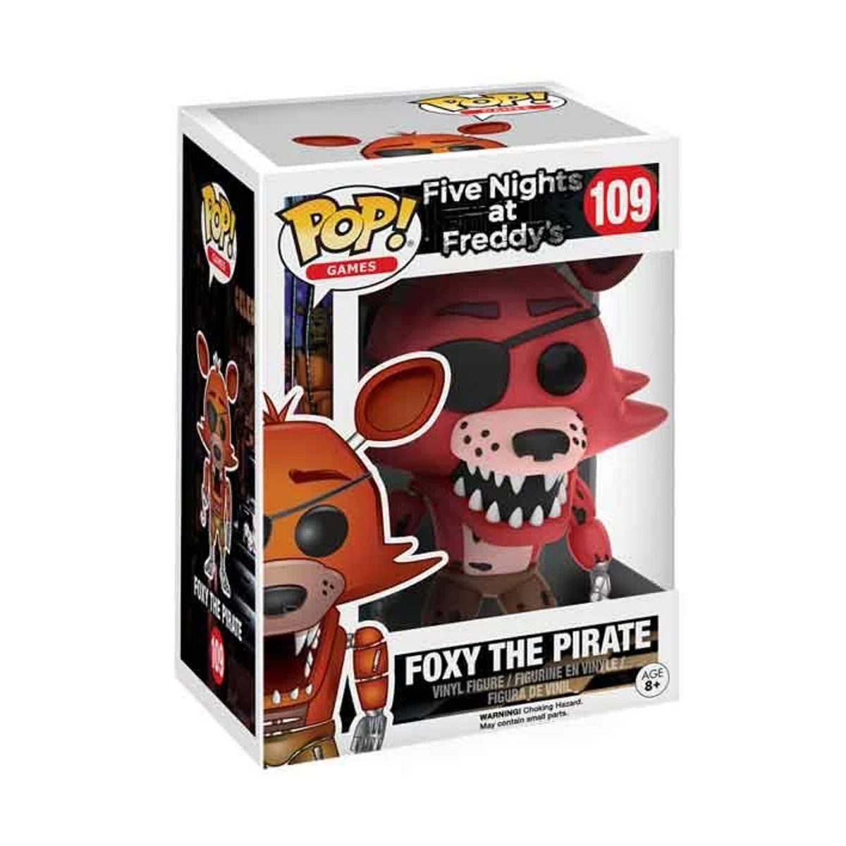Una caja Funko Pop con Foxy de Five Nights at Freddy's. La figura es roja y naranja, con un parche en el ojo.