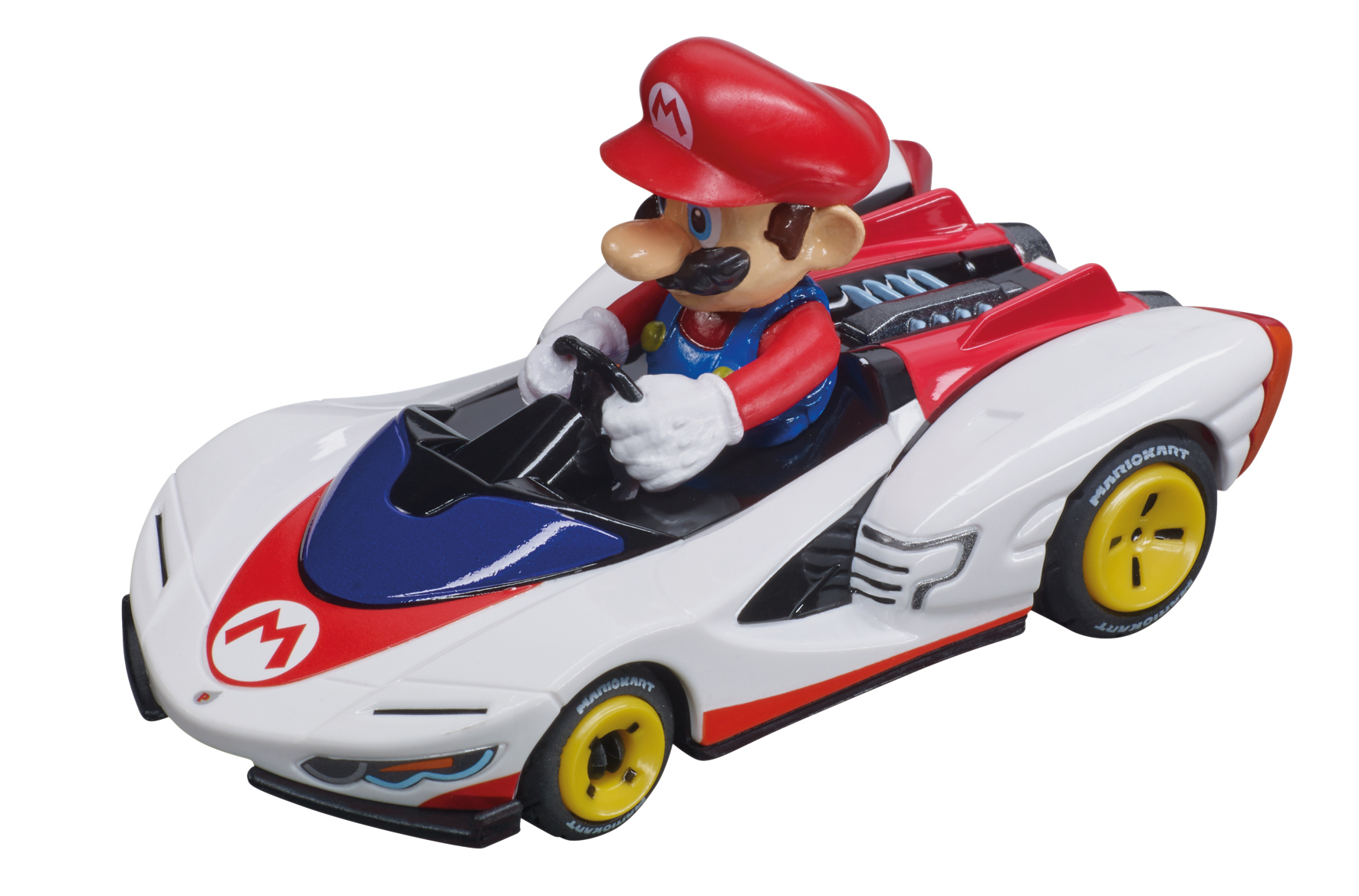 Figurine de Mario avec une casquette rouge et une salopette bleue conduisant un kart blanc, rouge et bleu avec des roues jaunes.