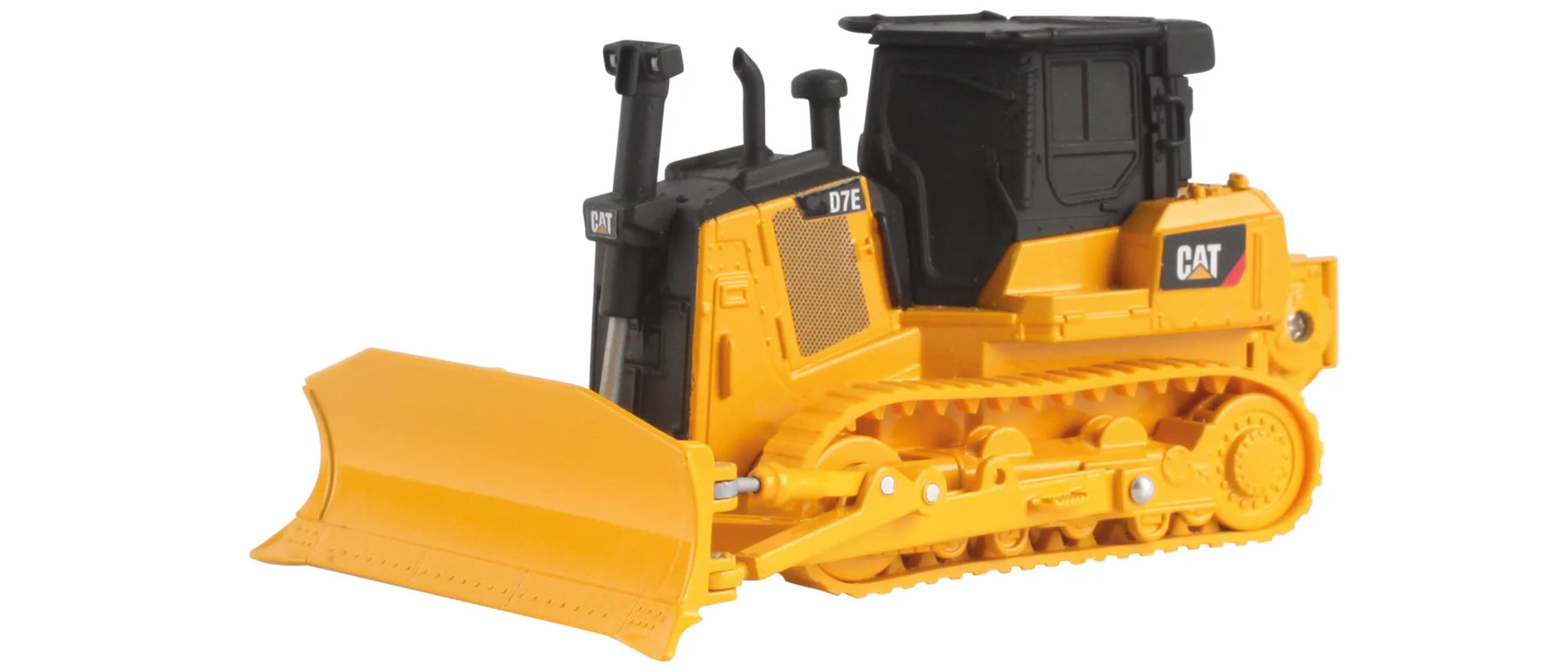 Un juguete amarillo de Caterpillar D7E. Tiene detalles y orugas negras. El logotipo CAT es visible.
