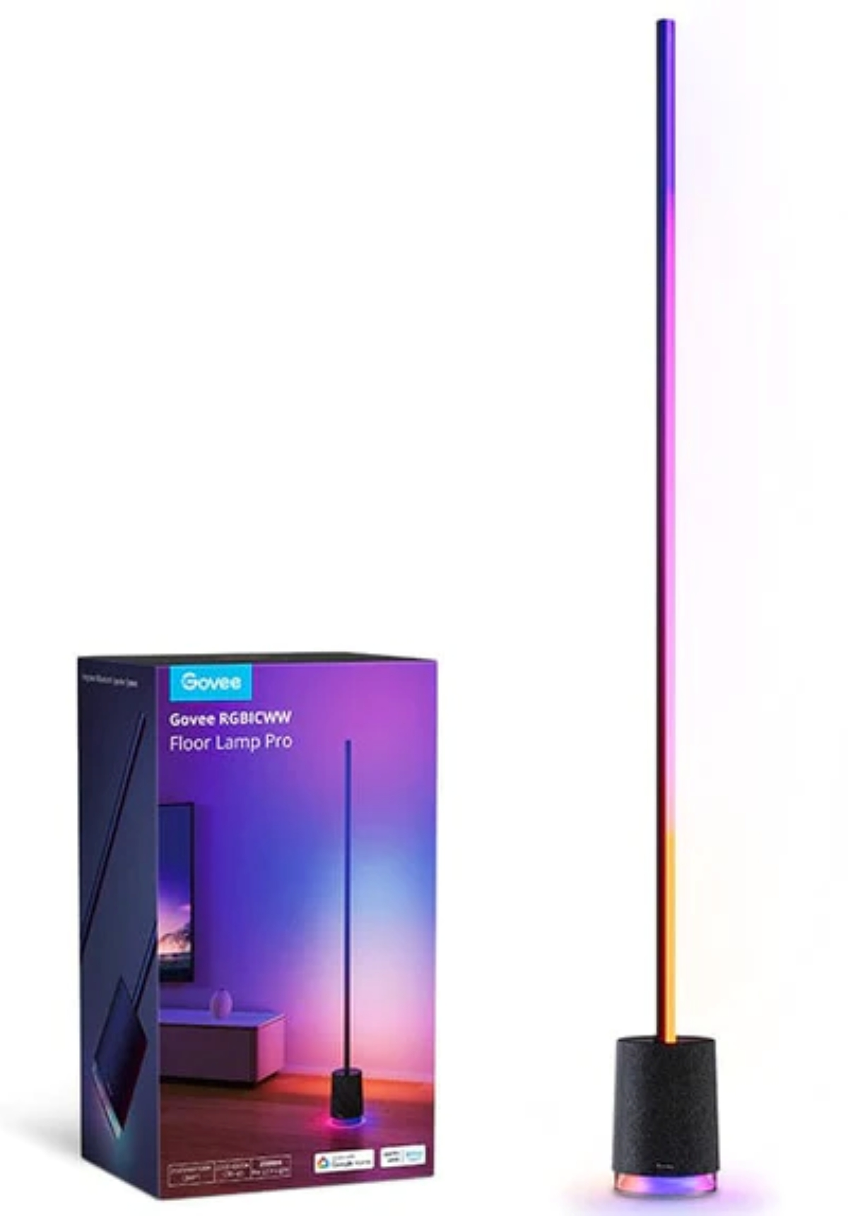 Eine Stehlampe mit schwarzem Sockel und einer hohen, farbenfrohen Lichtsäule steht neben einer Produktbox. Die Box zeigt die Lampe.