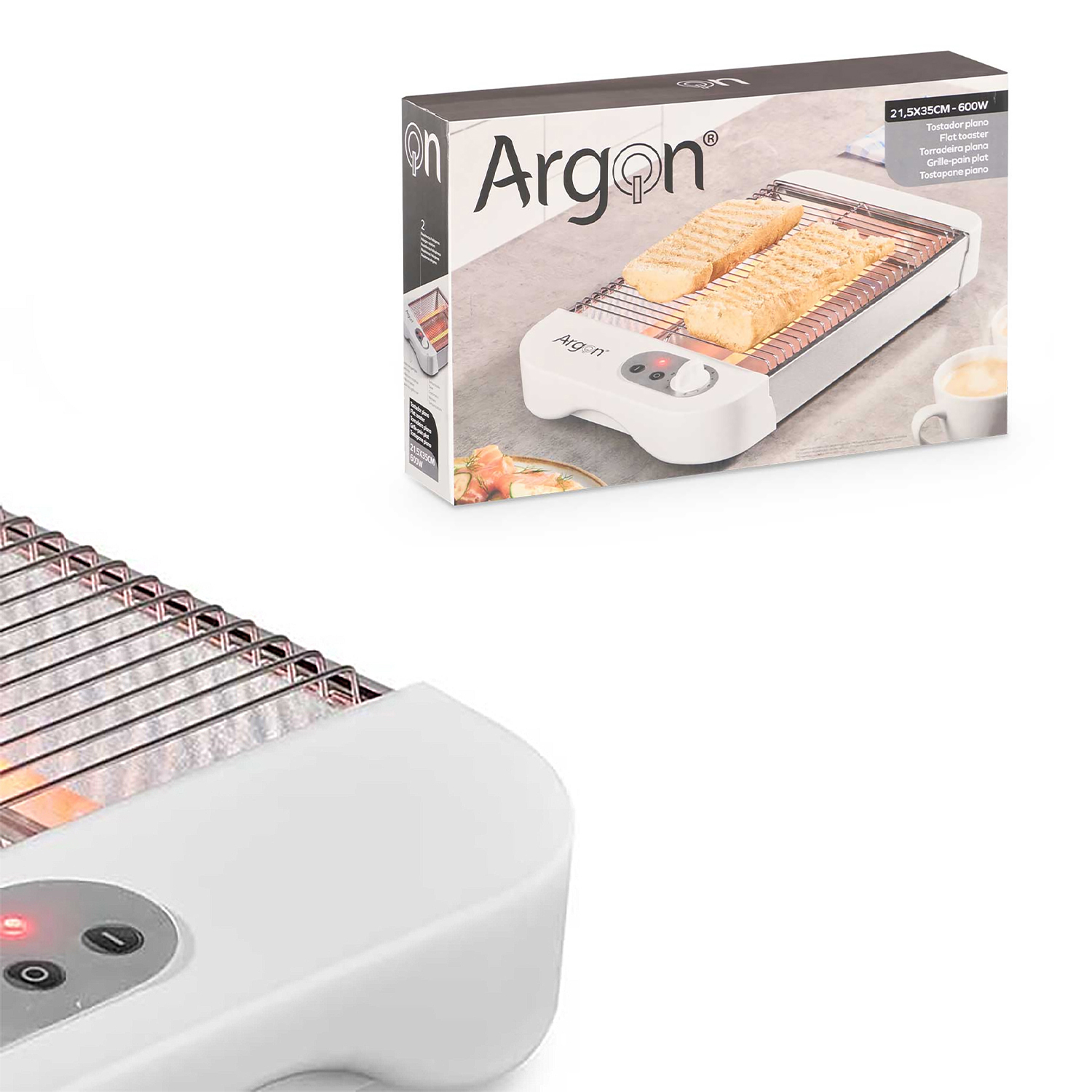 Ein weißer Argon-Flachtoaster mit zwei Toastscheiben. Die Schachtel befindet sich im Hintergrund.