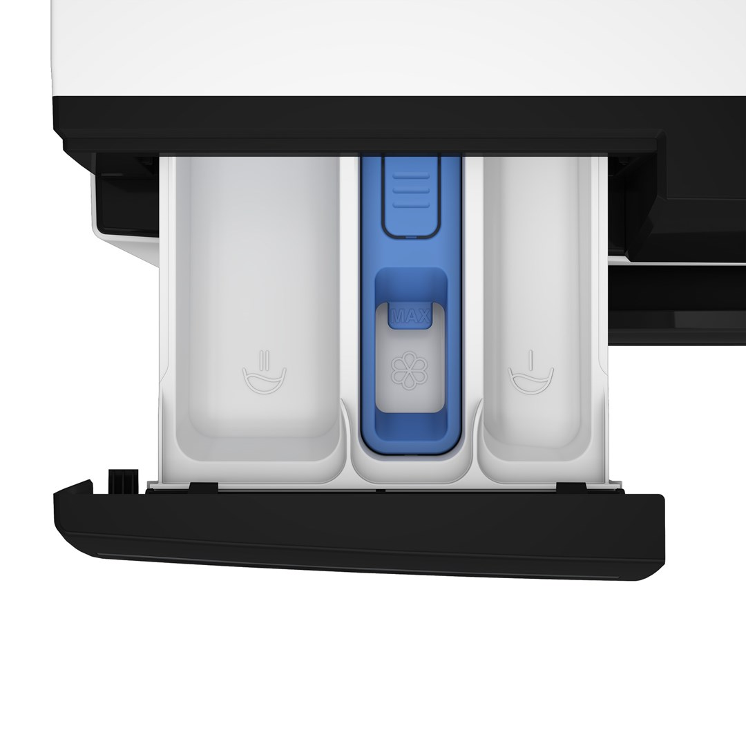 Zbliżenie szuflady na detergent w pralce. Ma trzy przegródki: dwie białe i jedną niebieską. Szuflada jest wysunięta.