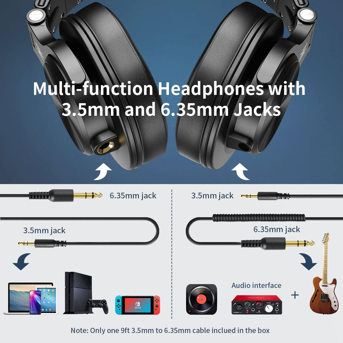 L'immagine mostra cuffie, cavi e dispositivi come un laptop, console di gioco e una chitarra, evidenziando la connettività audio.