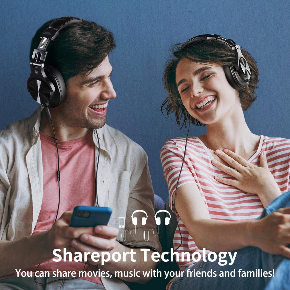 Un uomo e una donna sorridono con le cuffie. Un telefono e il testo Shareport Technology sono visibili. Sfondo blu.