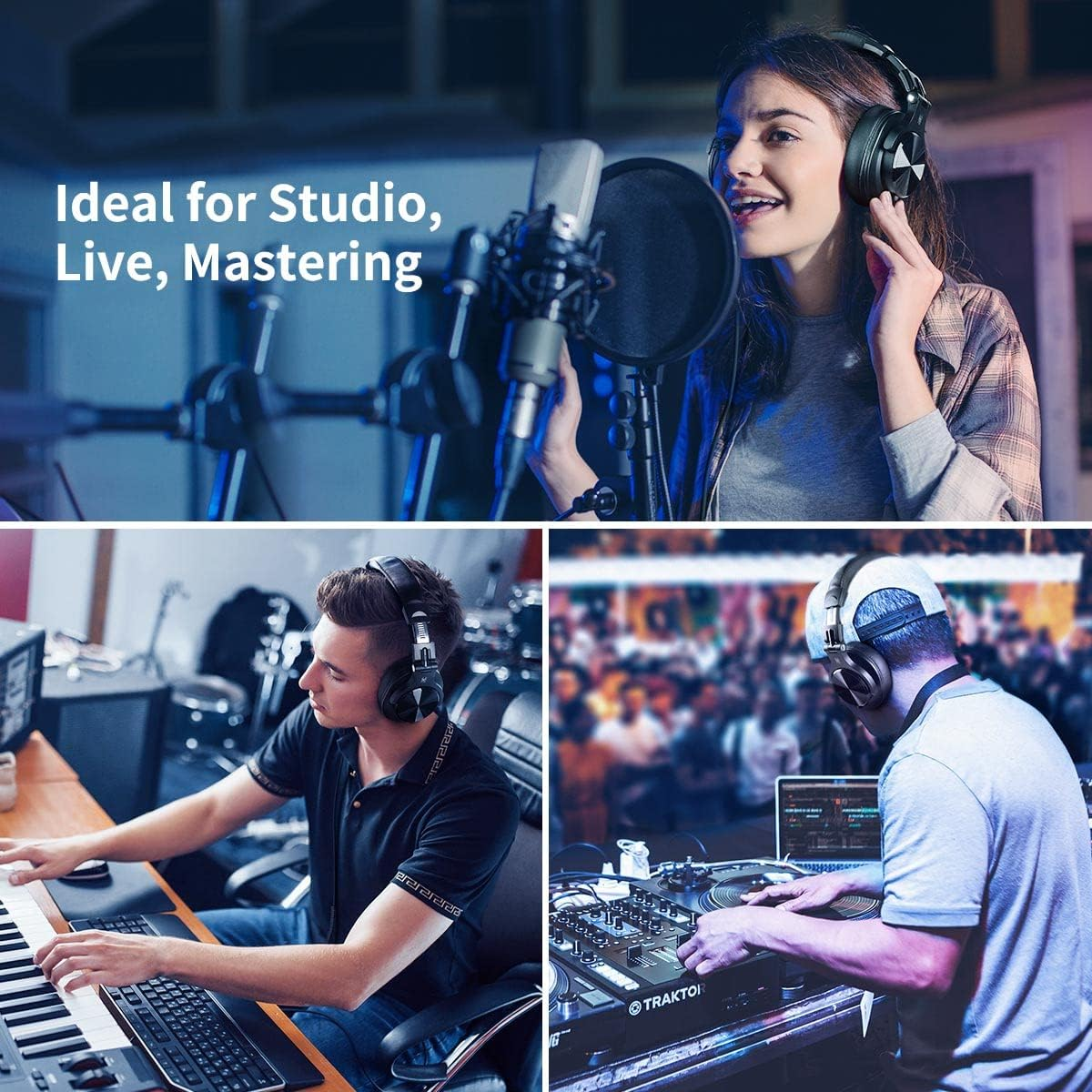 L'immagine mostra persone che usano le cuffie in studio, in un'esibizione dal vivo e in un ambiente da DJ. Le sovrapposizioni di testo recitano 'Ideale per studio, live, mastering'.