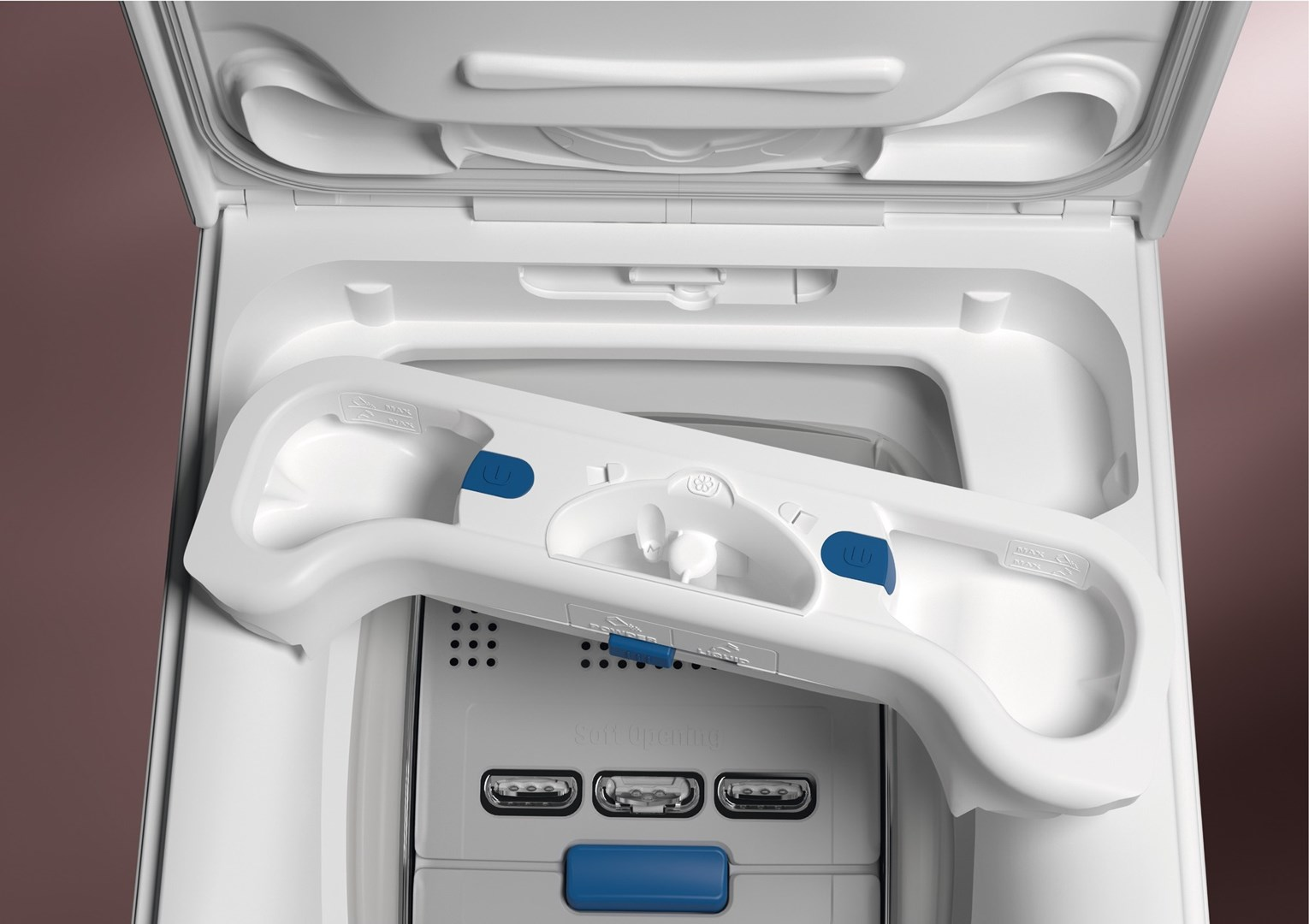 Otwarta biała pralka z niebieskimi detalami. Szufelka na detergent jest otwarta. Pokrywa również jest otwarta.