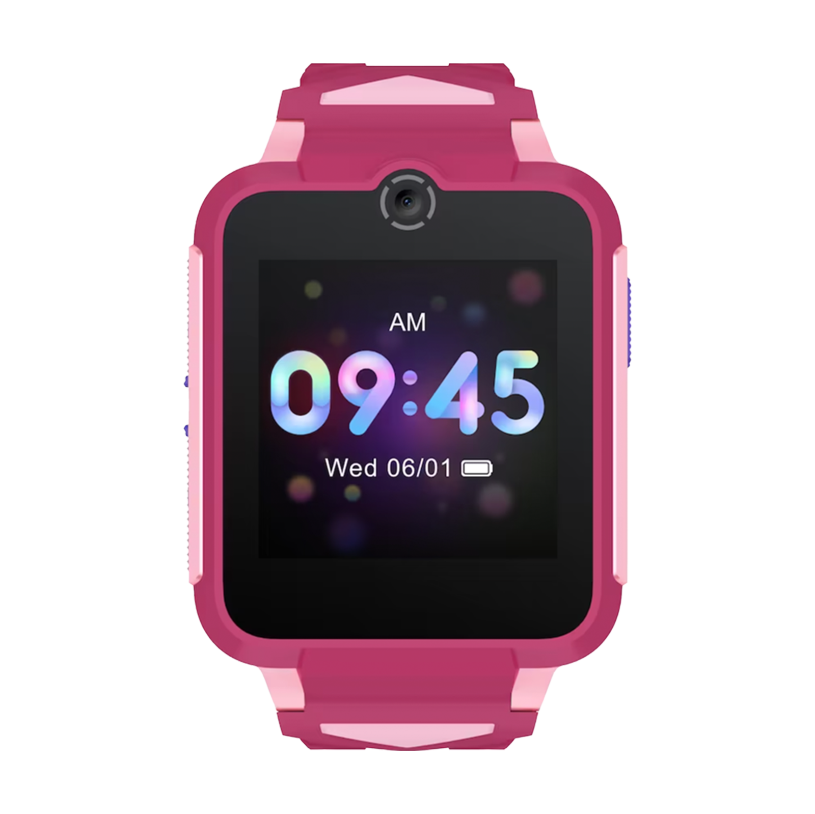 Rosa Smartwatch mit 09:45 Uhr AM, Mittwoch, 06.01. Sie hat eine Kamera und eine Batterieanzeige.