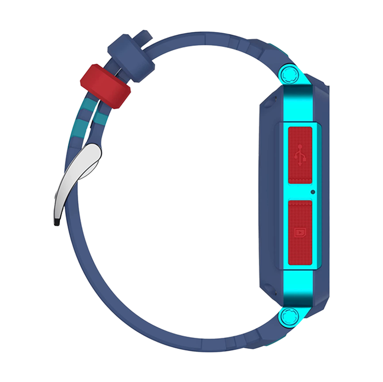 Blaue und rote Smartwatch. Sie hat ein blaues Armband, rote Knöpfe und einen türkisfarbenen Rahmen.