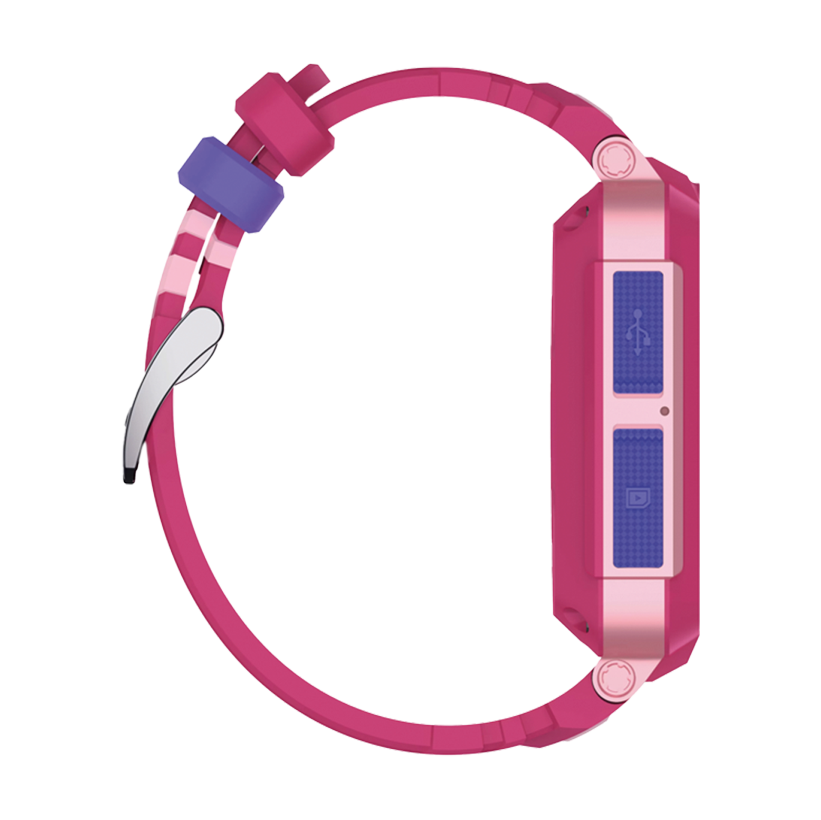 Pinke Smartwatch, Seitenansicht. Pinkes Armband, lila und pinke Akzente. Blaue Knöpfe. Silberne Schnalle.