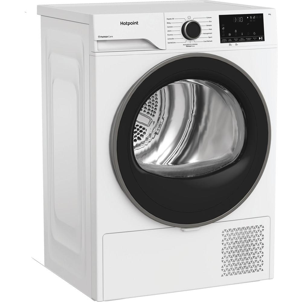 Un'asciugatrice Hotpoint bianca. Ha un anello porta e un pannello di controllo neri, con un display digitale. La parte inferiore ha fori di ventilazione.
