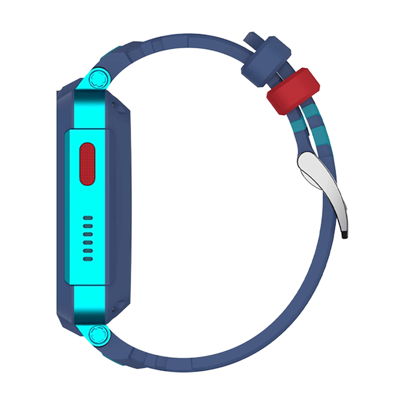 Eine blaue Smartwatch mit cyanfarbenem Rahmen und rotem Knopf. Das Armband ist blau mit rotem und tealfarbenem Akzent.