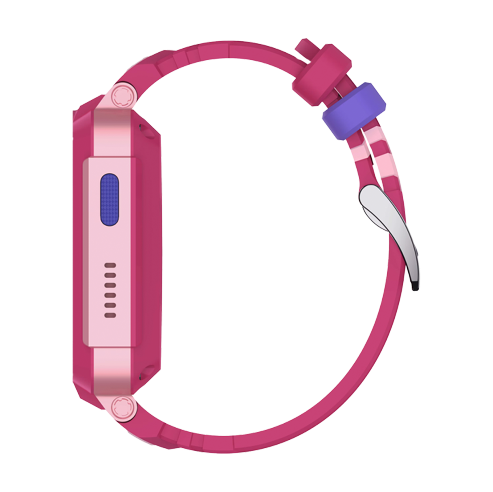 Eine rosa Smartwatch mit rosa Armband. Das Zifferblatt ist rechteckig mit blauem Knopf. Das Armband hat ein lila und rosa Detail.