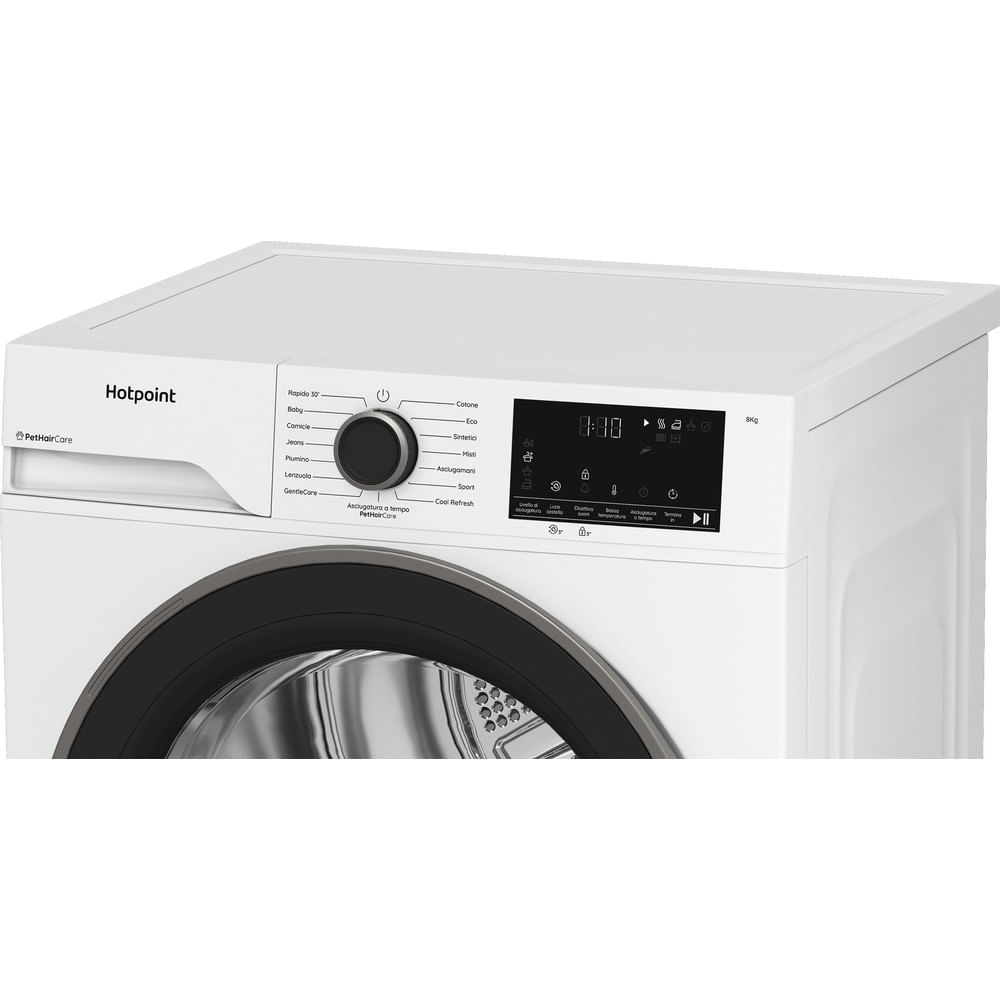 Un'asciugatrice Hotpoint bianca con porta nera, pannello di controllo e display digitale. Ha pulsanti e impostazioni per tessuti diversi.