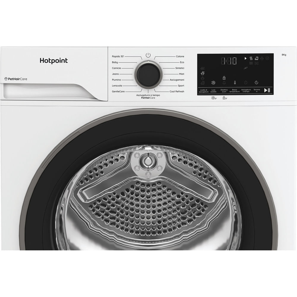 Un'asciugatrice Hotpoint bianca con porta nera. Ha un pannello di controllo con varie impostazioni e un display digitale.