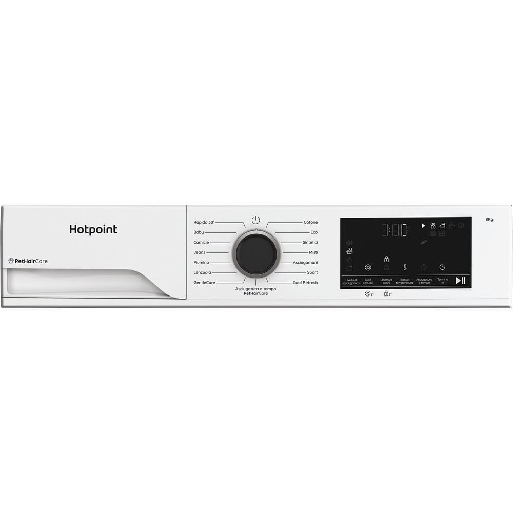 Un'asciugatrice Hotpoint bianca con quadrante centrale e display digitale, con vari programmi e impostazioni.
