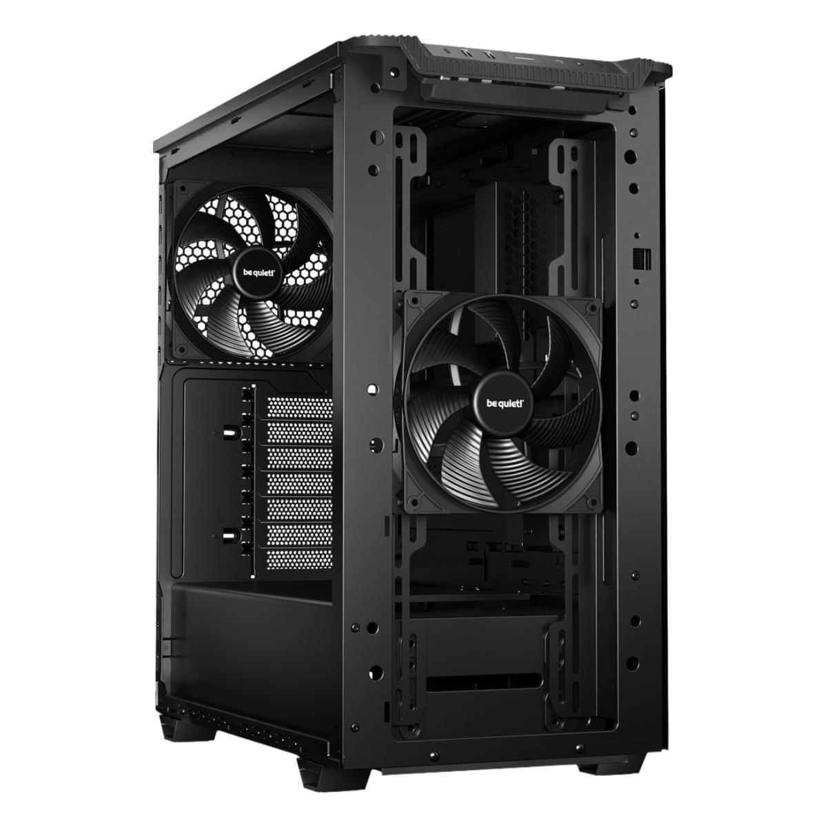 Ein schwarzes Computergehäuse mit zwei Lüftern wird gezeigt. Das Gehäuse hat ein Mesh-Front- und Seitenteil. Die Lüfter sind innen sichtbar.