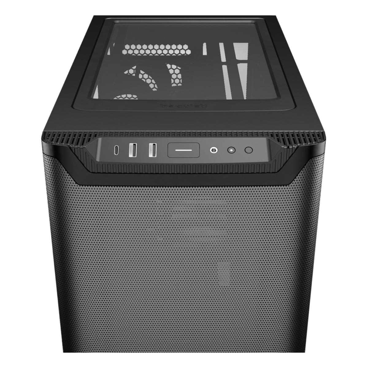 Ein schwarzes Computergehäuse mit Glasplatte. Es hat eine perforierte Frontplatte und ein Bedienfeld mit Knöpfen.