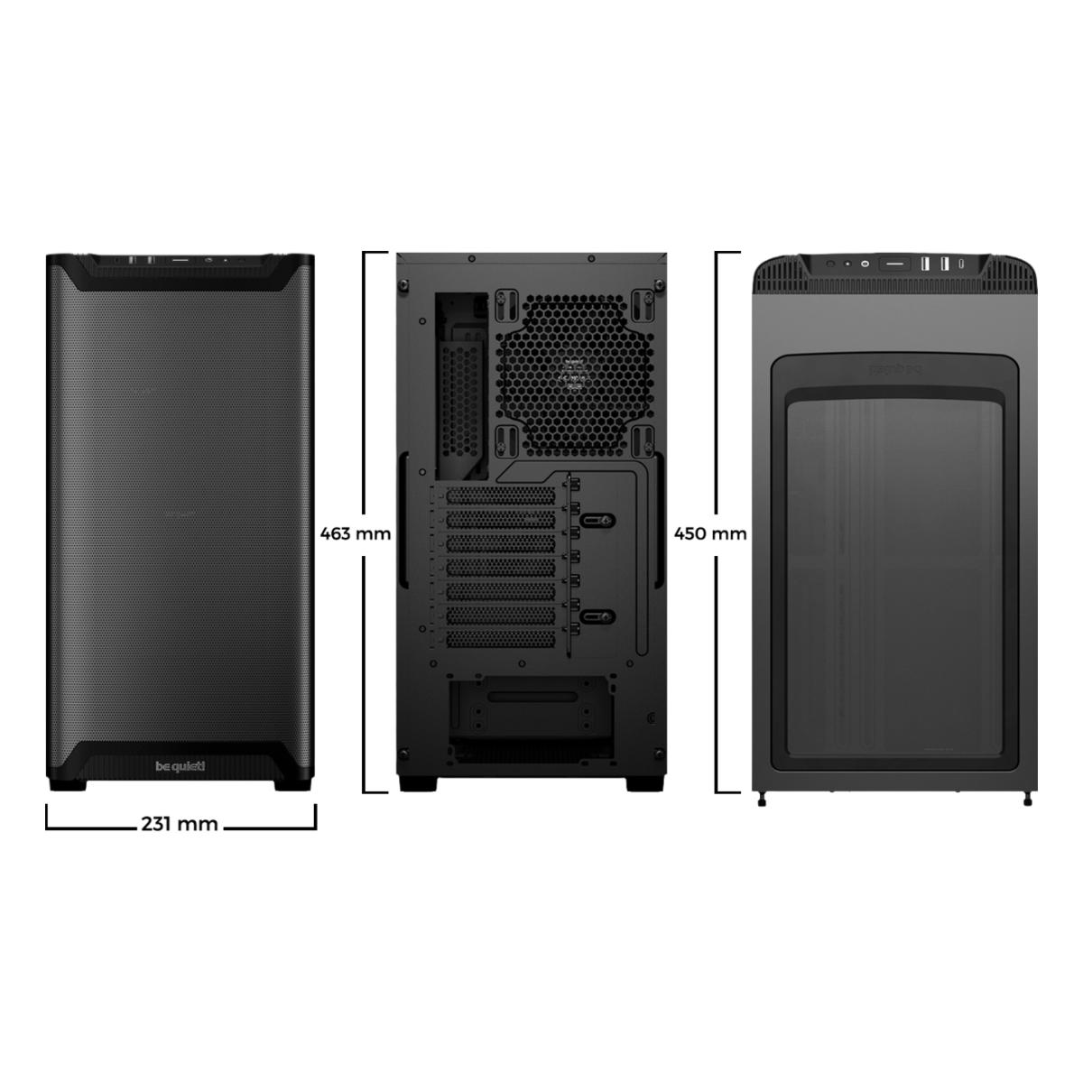 Drei Computergehäuse: Vorder-, Rück- und Seitenansicht. Abmessungen: 463 mm Höhe, 231 mm Breite und 450 mm Höhe. Schwarze Farbe mit Markenlogo.