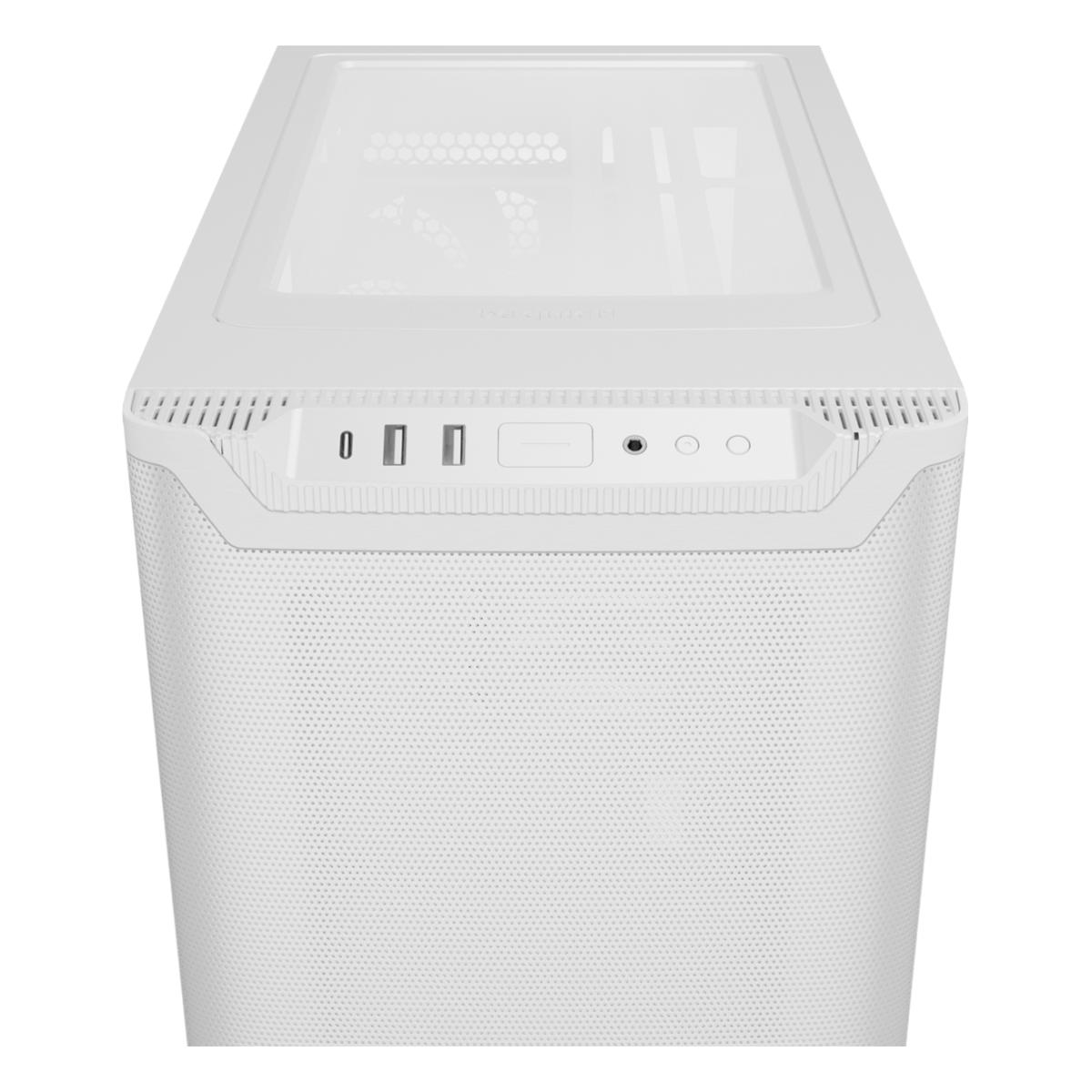 Weißes Computergehäuse mit klarer Oberseite. Es hat USB-Anschlüsse und Tasten. Die Front ist zur Luftzirkulation perforiert.