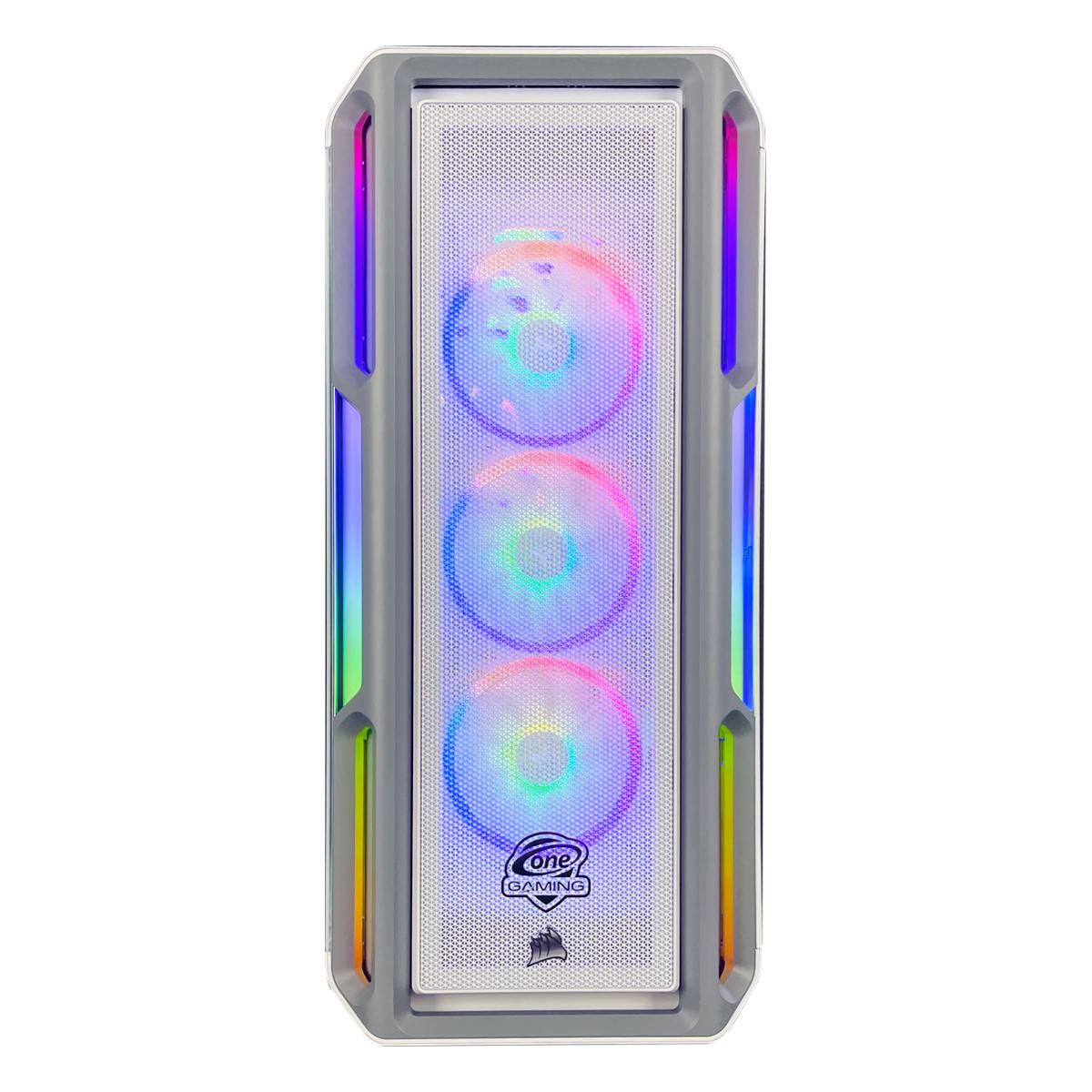 Ein Computergehäuse mit drei beleuchteten Lüftern vorne. Das Gehäuse hat ein weißes Gitter und RGB-Beleuchtung.