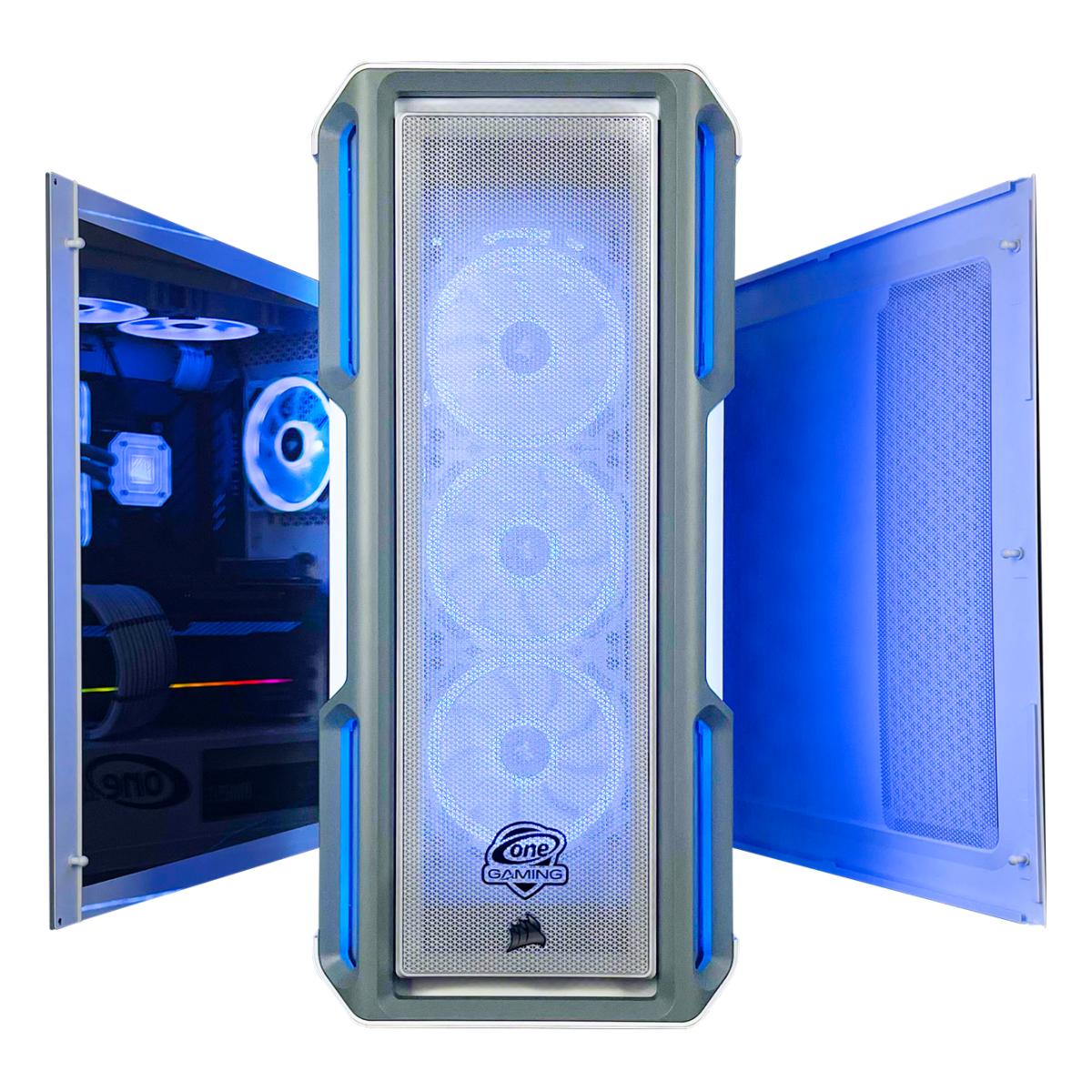 Ein Computergehäuse mit offenen Seitenteilen. Im Inneren des Gehäuses sind blau leuchtende Lüfter sichtbar. Das Gehäuse hat ein grau-weißes Design.