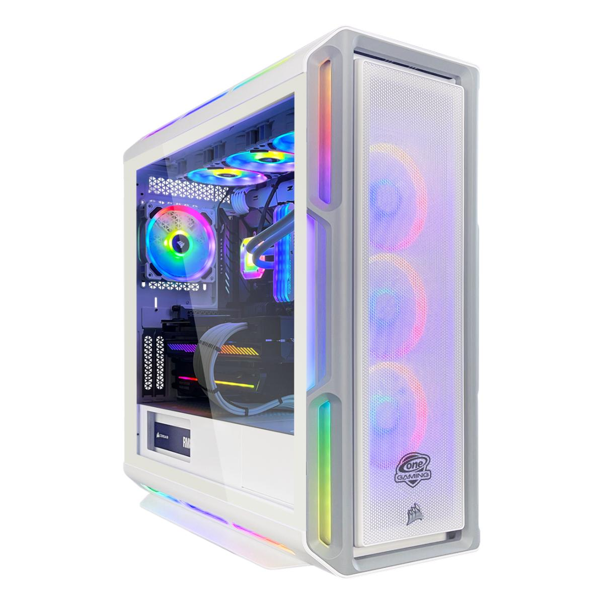 Ein weißes Computergehäuse mit RGB-Beleuchtung. Das Gehäuse hat eine Glasseitenwand mit internen Komponenten und Lüftern.