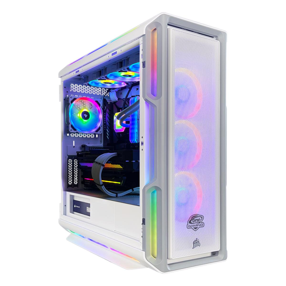 Ein weißes Gaming-PC-Gehäuse mit farbenfrohen LED-Leuchten. Im Inneren sind Komponenten wie Lüfter und eine Grafikkarte sichtbar.