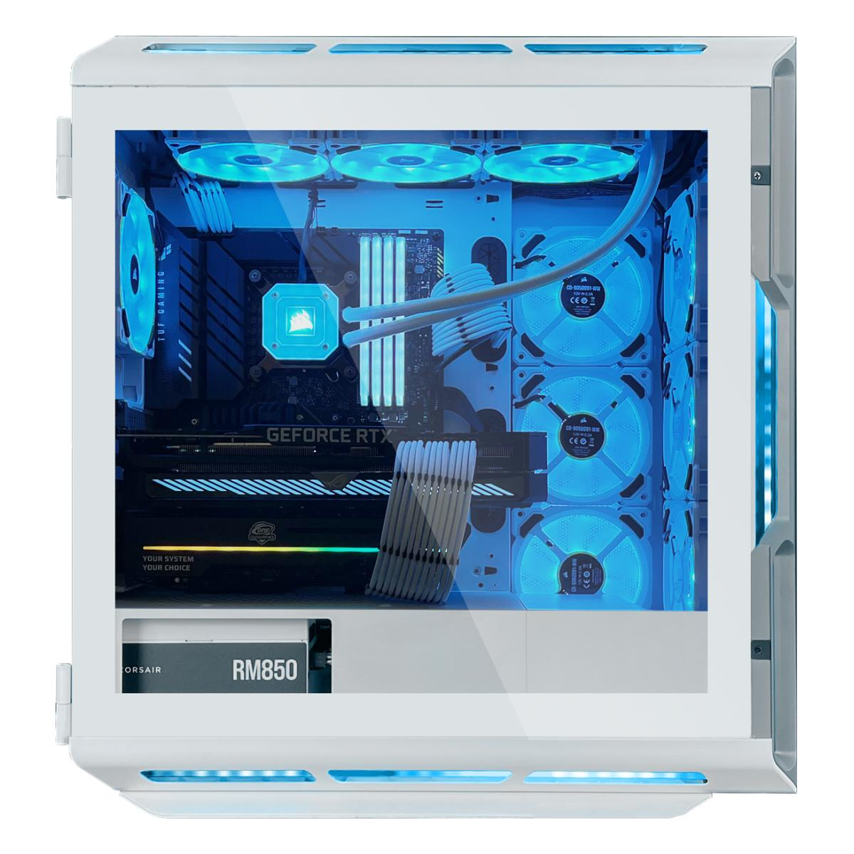 Weißes Computergehäuse mit blauen LED-Leuchten, das interne Komponenten wie Lüfter und eine Grafikkarte zeigt.