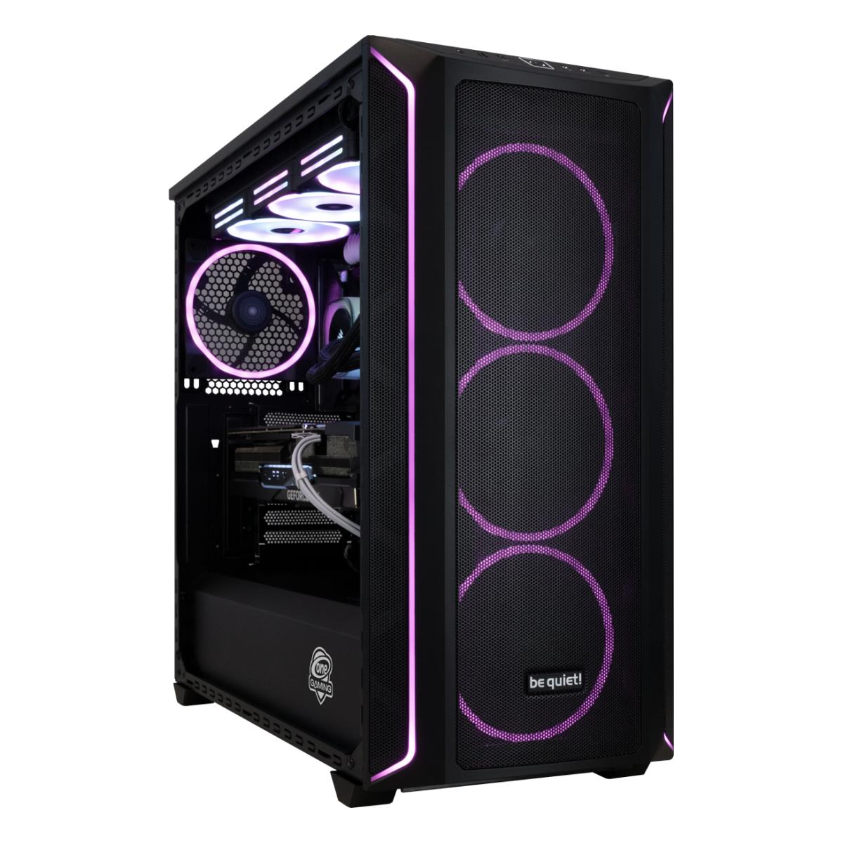 Ein schwarzes Computergehäuse mit rosa LED-Leuchten. Im Inneren sind Lüfter und Komponenten sichtbar. Die Front hat große Mesh-Kreise.