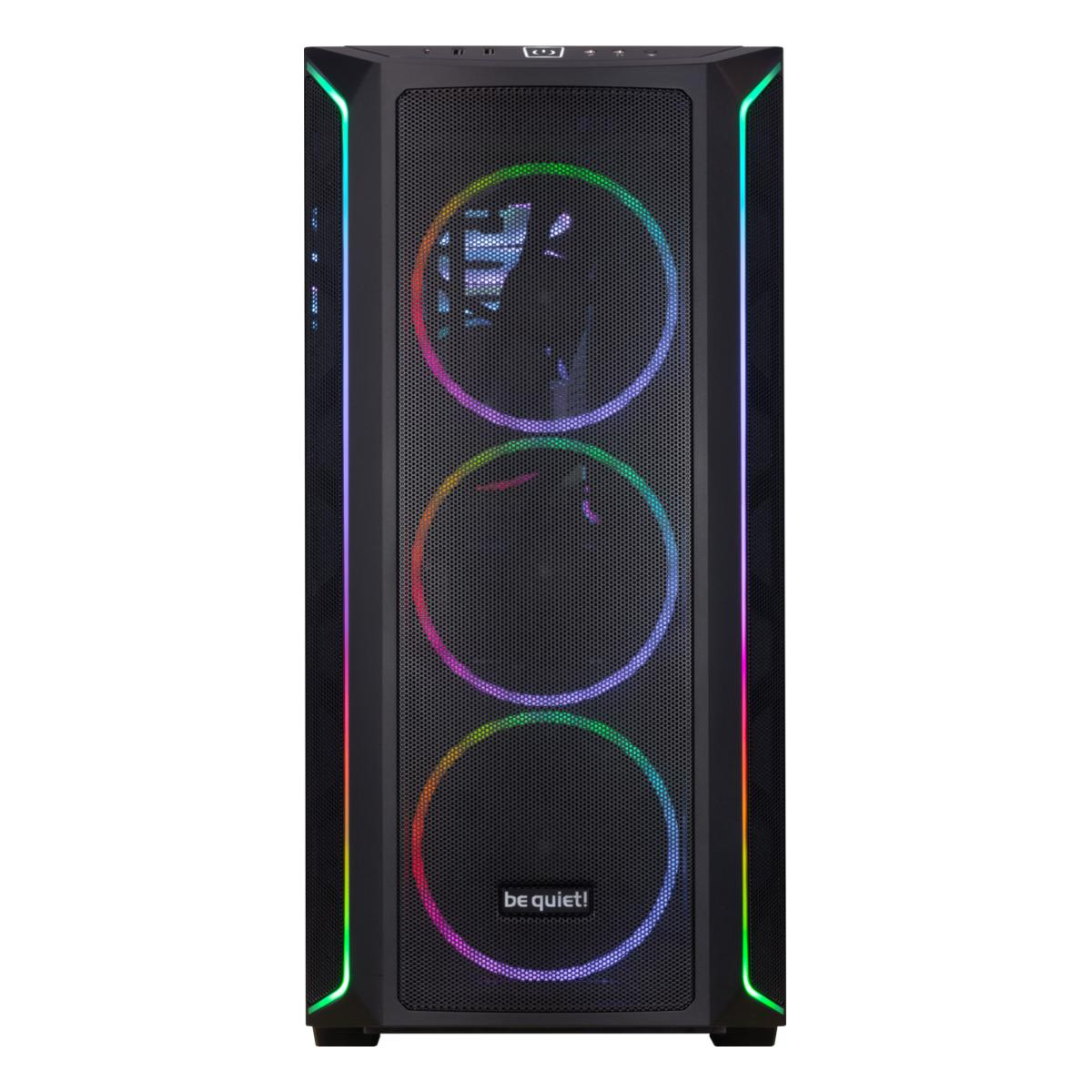 Schwarzes Computergehäuse mit Mesh-Front und drei kreisförmigen LED-Lüftern. Das Gehäuse hat ein 'be quiet!'-Logo und farbige RGB-Lichter.