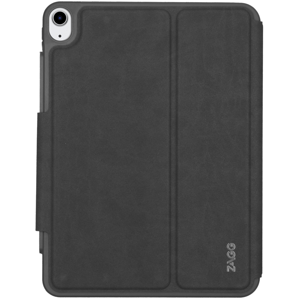 Gezeigt wird eine dunkelgraue iPad-Hülle mit einer Kamera oben. Die Abdeckung ist gefaltet, mit einem ZAGG-Logo.