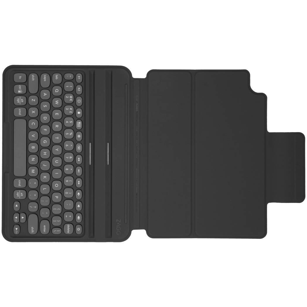 Eine schwarze Tablet-Tastaturhülle ist geöffnet und zeigt links eine Tastatur und rechts eine Abdeckung. Der Markenname ist sichtbar.