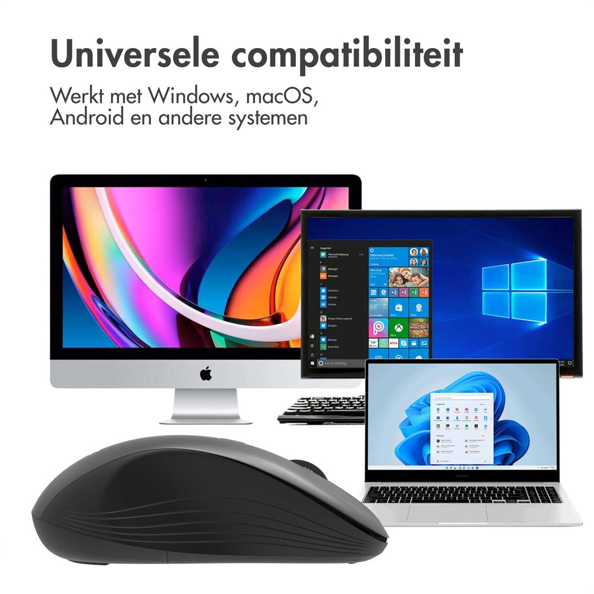 Eine schwarze Maus vor einem Computer, neben einem Laptop und zwei Monitoren, die verschiedene Betriebssysteme zeigen.