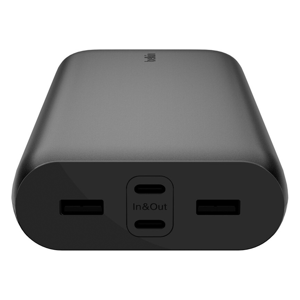 Une batterie externe Belkin noire, rectangulaire avec des bords arrondis. Elle comporte des ports 'In & Out'.