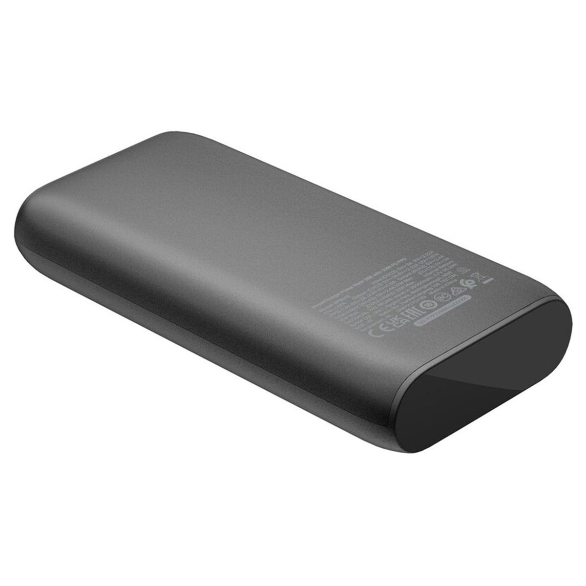 Une batterie externe rectangulaire gris foncé. Bords arrondis et surface lisse. Texte et symboles visibles sur le dessus.