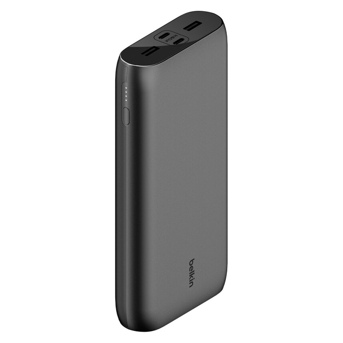 Batterie externe Belkin gris foncé, rectangulaire avec bords arrondis. Ports entrée/sortie et indicateur d'alimentation. Logo Belkin.