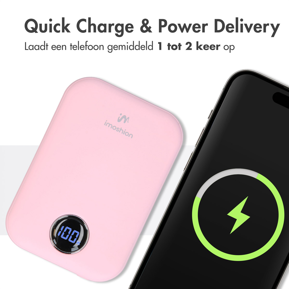 Eine rosa Powerbank mit 100 % Ladung und ein Telefon, das mit einem grünen Blitzsymbol geladen wird. Text sagt Schnellladung.