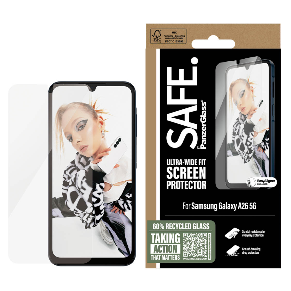 Una scatola di protezione per lo schermo del telefono. Un telefono a sinistra mostra una persona. La scatola dice 'SAFE' e 'SCREEN PROTECTOR'.