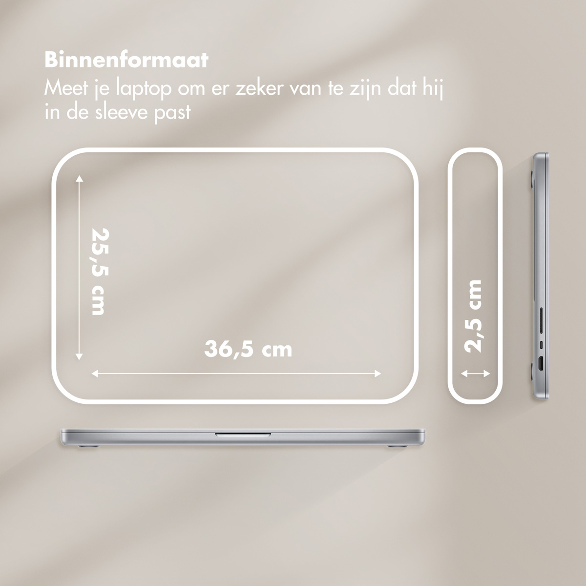 Imagen muestra portátil con dimensiones: 36.5cm ancho, 25.5cm alto, y 2.5cm grosor. Texto: "Mide tu portátil para que quepa en la funda."