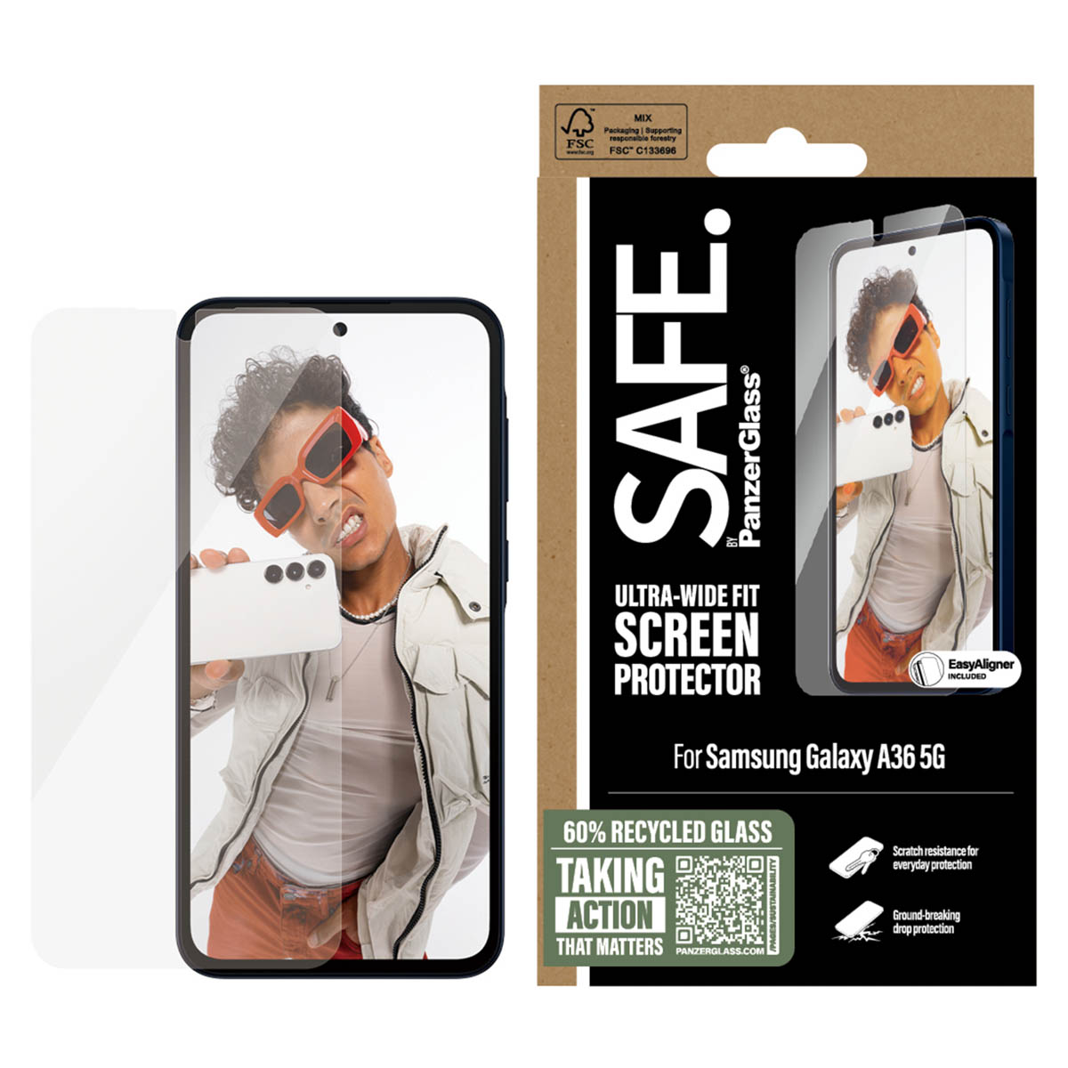 Un téléphone et une boîte de protection d'écran. La boîte annonce la protection d'écran pour Samsung Galaxy A36 5G.