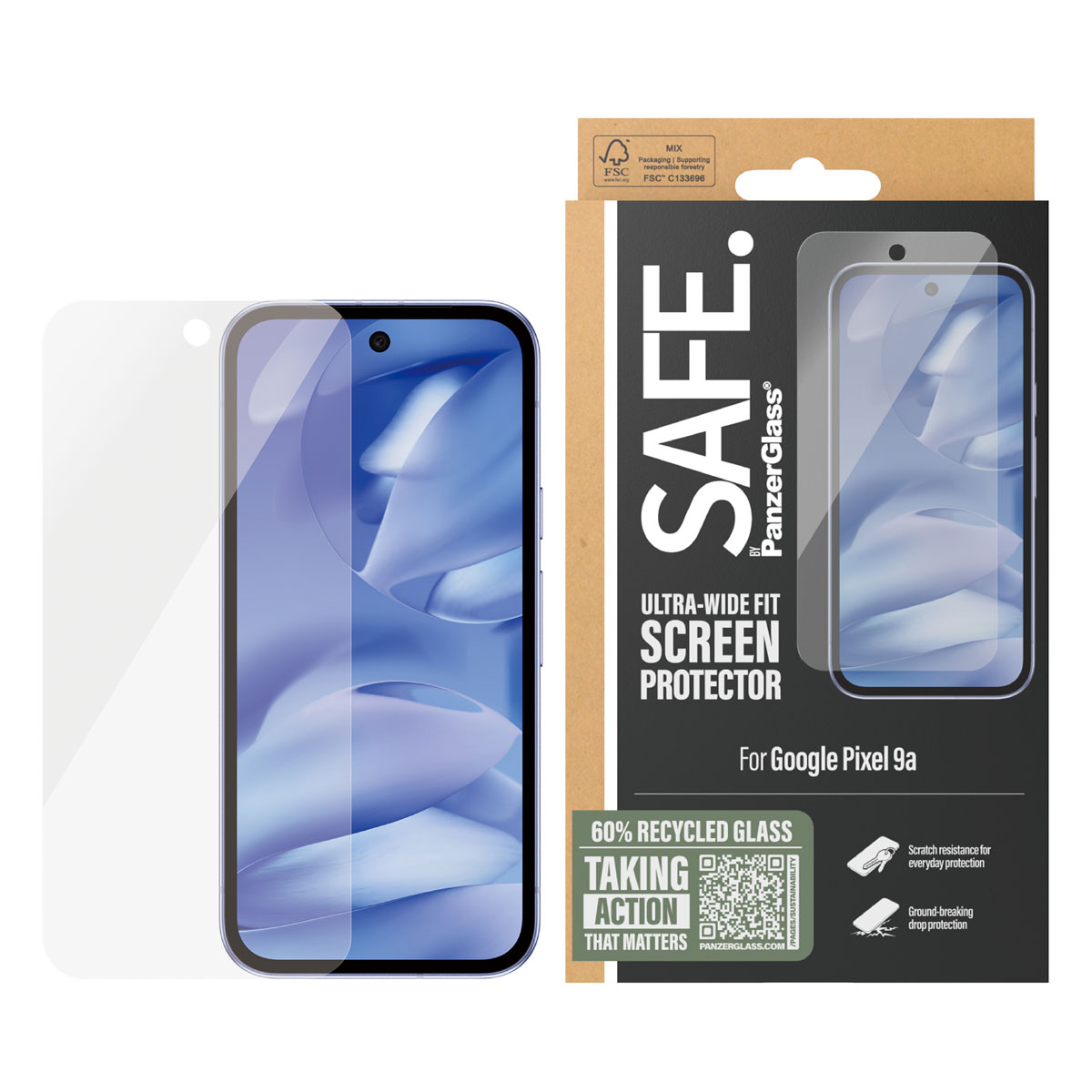 Pudełko z ochroną ekranu telefonu i ochraniacz. Na pudełku napis 'SAFE' i 'SCREEN PROTECTOR' dla Google Pixel 9a. Ochraniacz jest przezroczysty.