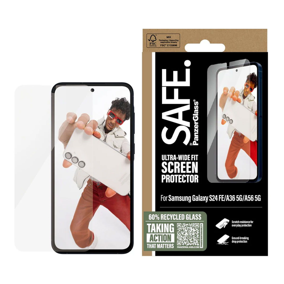 Opakowanie ochraniacza ekranu z osobą trzymającą telefon. Tekst: SAFE, Ultra-Wide Fit, dla Samsung Galaxy.