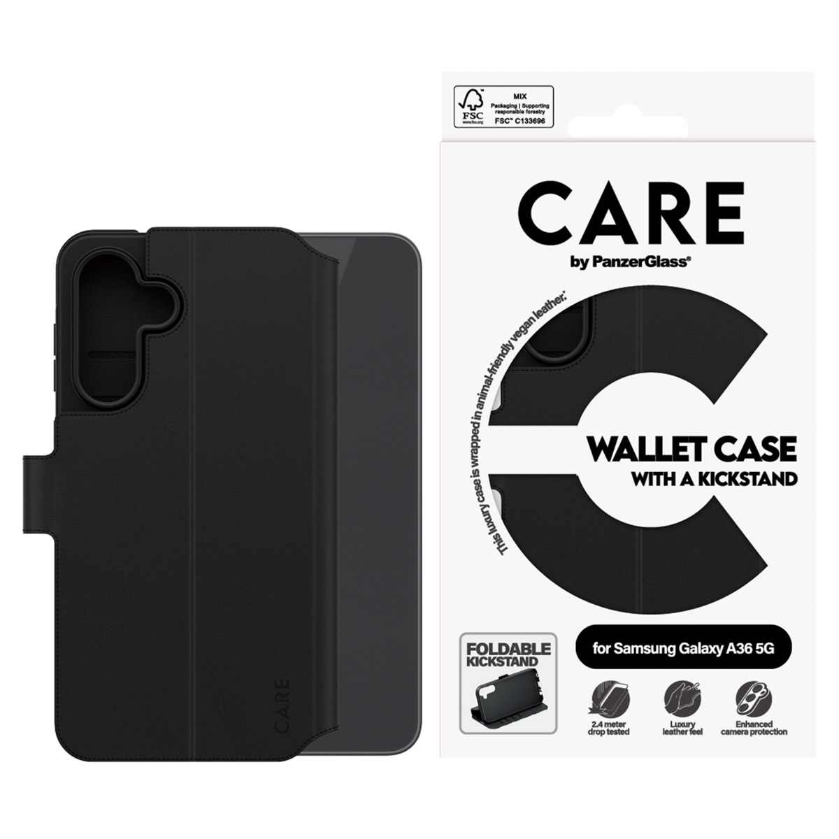 Custodia a portafoglio nera per telefono con supporto, per Samsung Galaxy A36 5G. La confezione mostra le caratteristiche e il marchio.