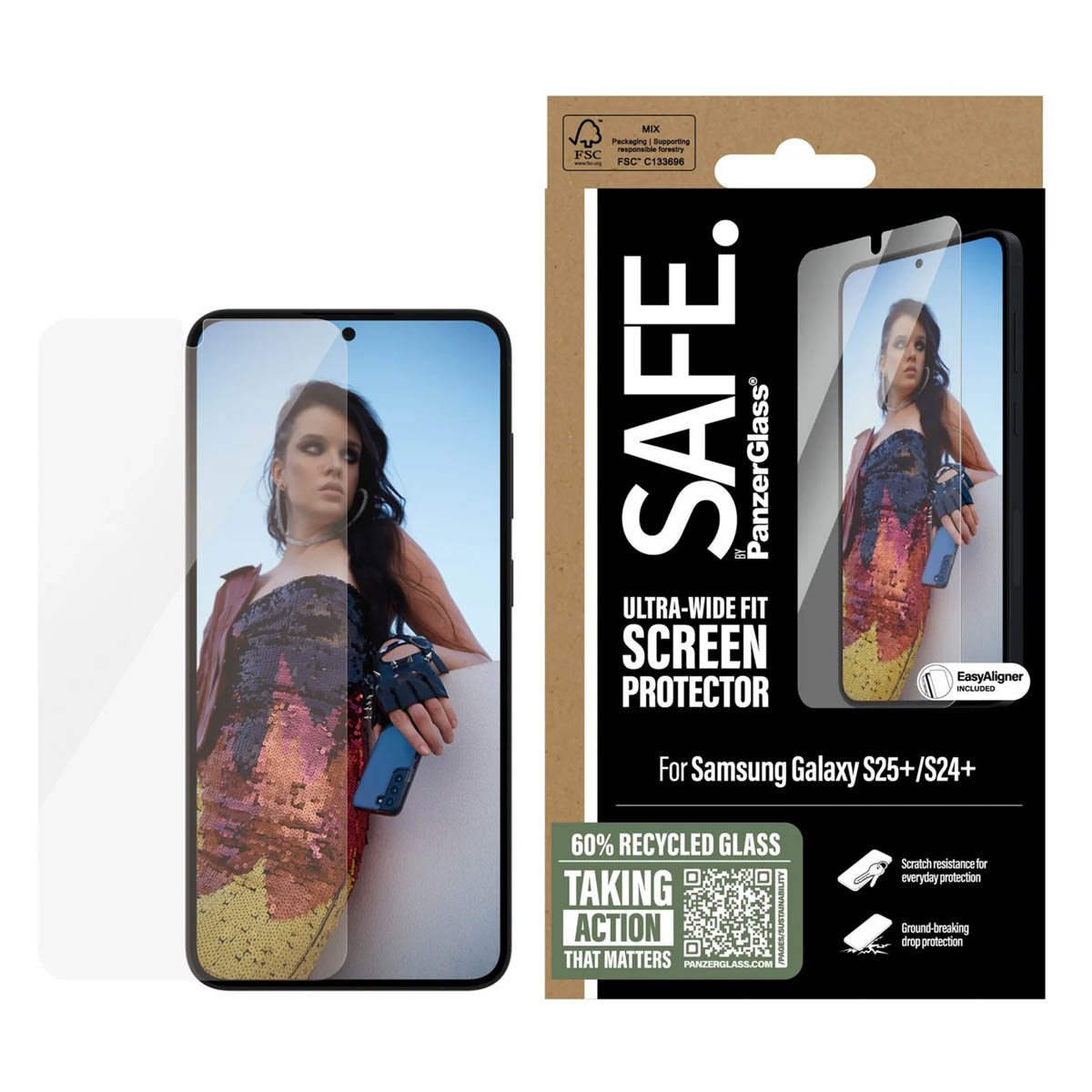 Embalaje de protector de pantalla de teléfono con una mujer en una pantalla de teléfono. Texto: SAFE y SCREEN PROTECTOR.