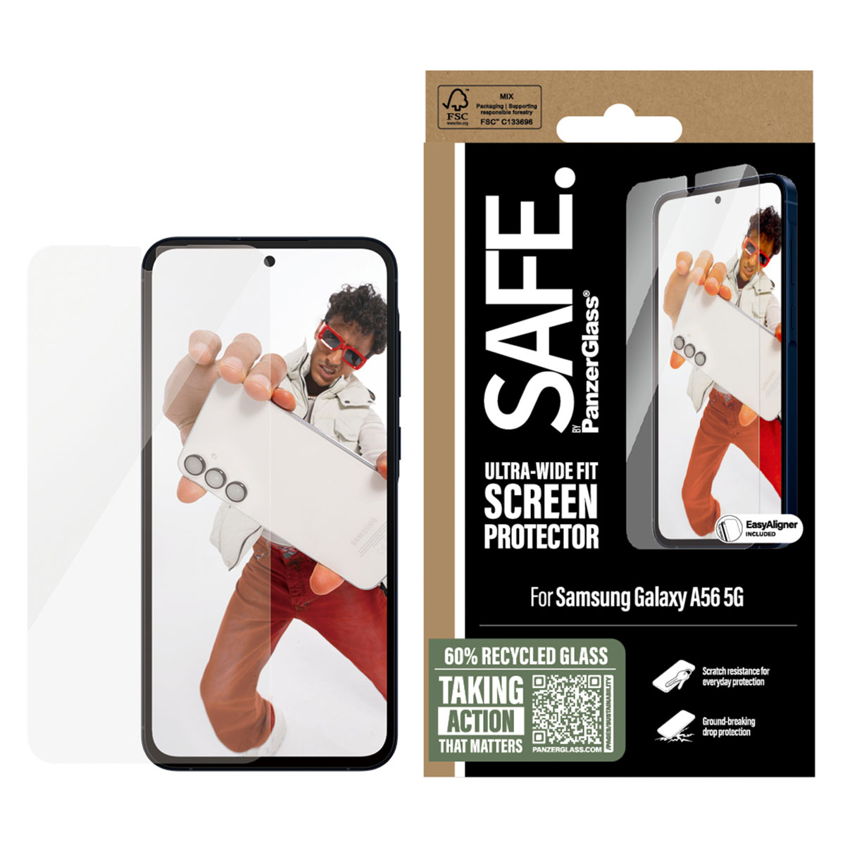 Una scatola di protezione dello schermo del telefono e un telefono con la protezione applicata. Una persona tiene in mano un telefono.