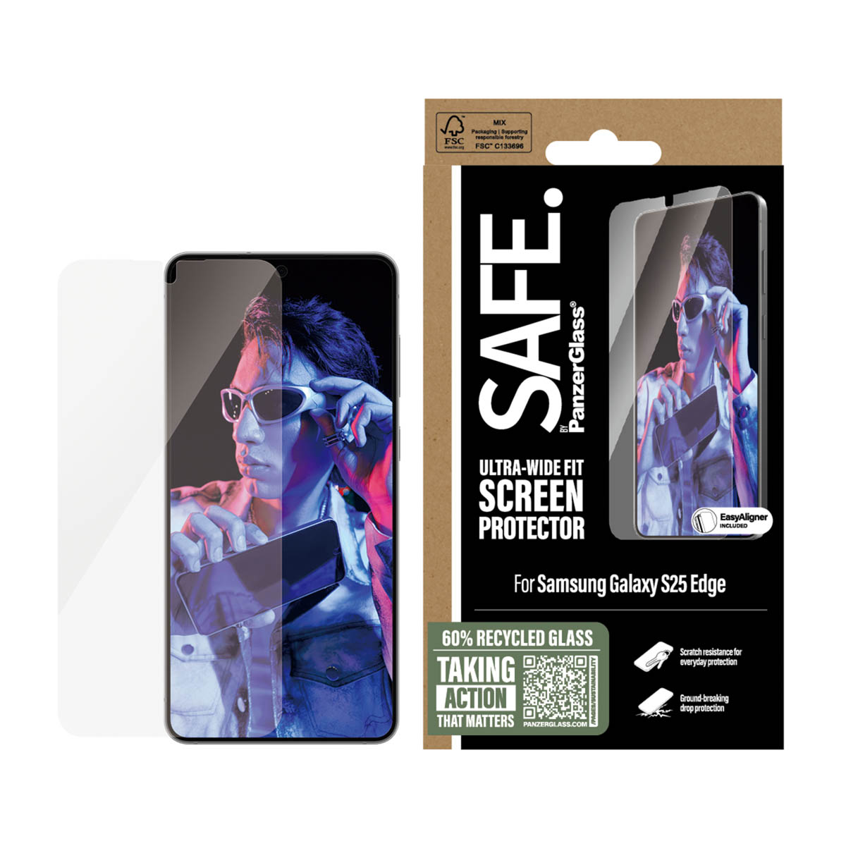Un telefono e una confezione di protezione dello schermo. La protezione è per Samsung Galaxy S25 Edge. La persona nell'immagine indossa occhiali da sole.