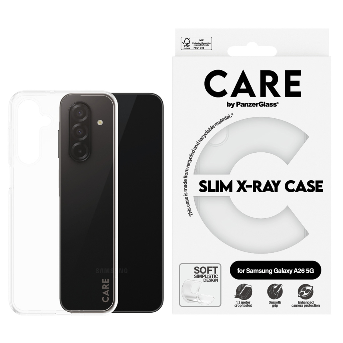 Etui na telefon i telefon obok pudełka. Na pudełku napis 'CARE' i 'SLIM X-RAY CASE'.